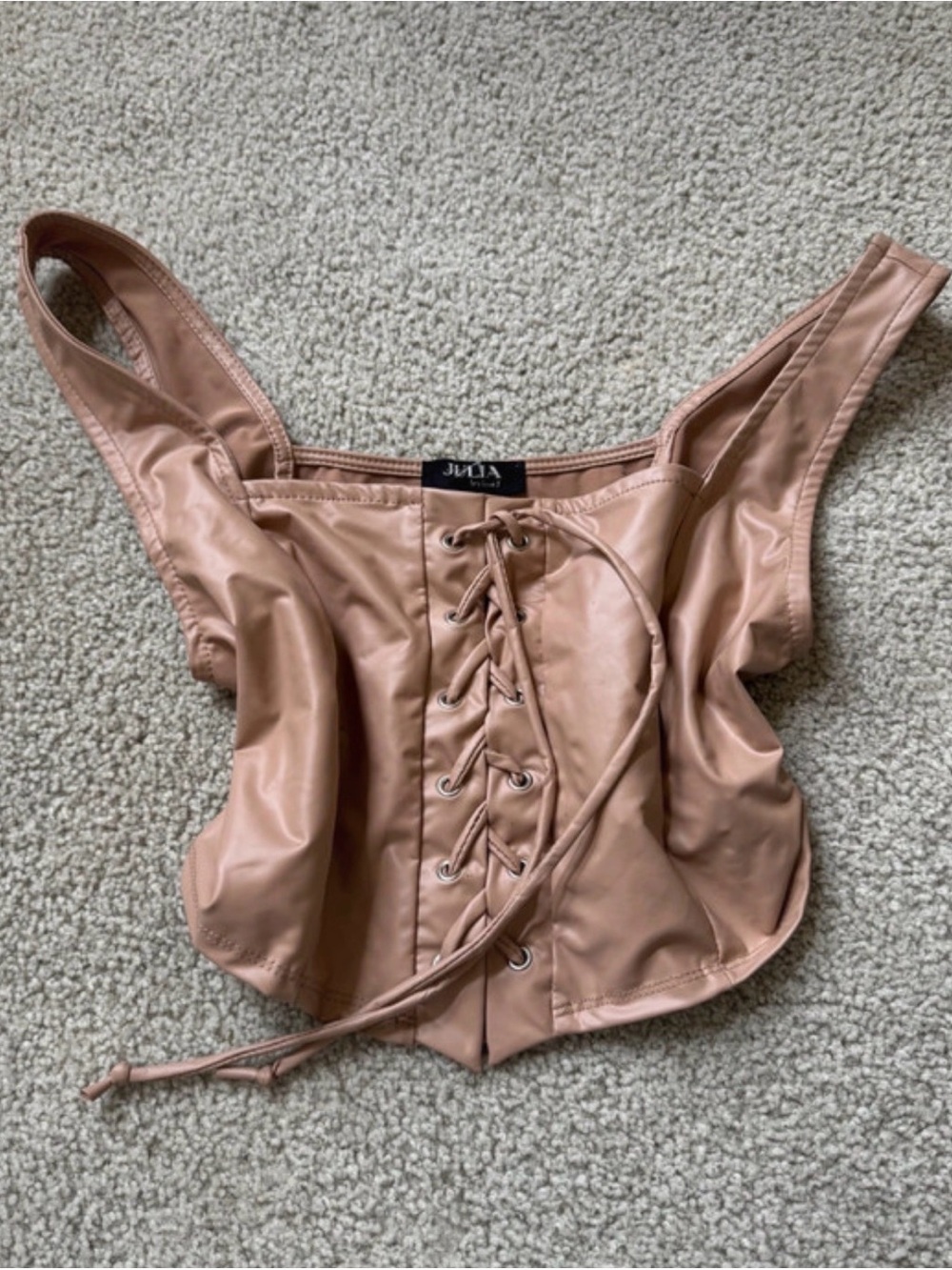 Julia Nude Lace-Up Faux Leather Corset Crop Top y2k